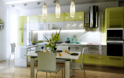 Бело-зеленая кухня из акрила